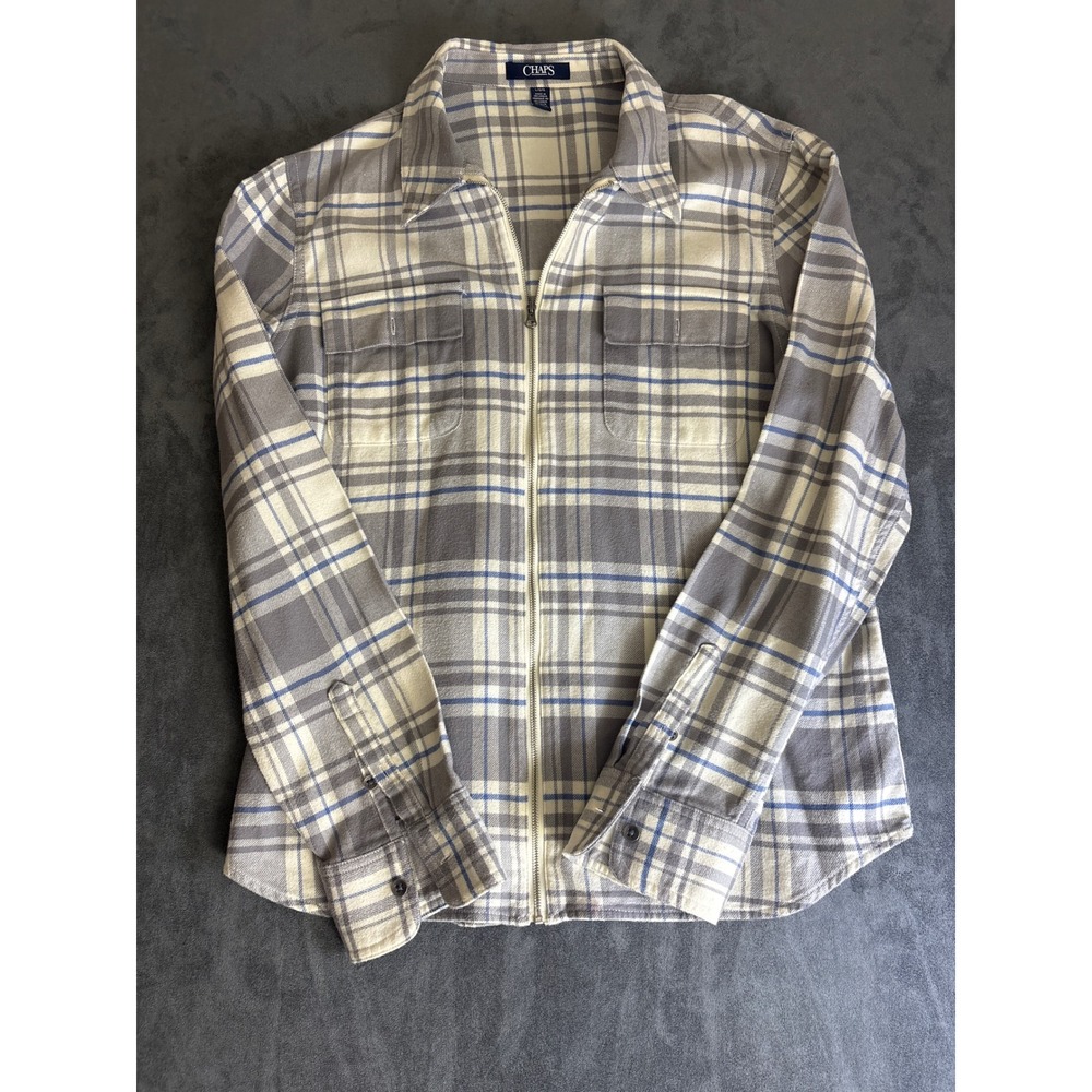 Chaps Womens Large Plaid Flannel Full Zip Shirt Grey Blue Cream Long Sleeve